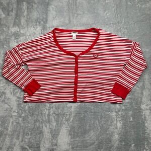PINK Victoria's Secret Cardigan Women Large Red White Striped Cropped Thermal